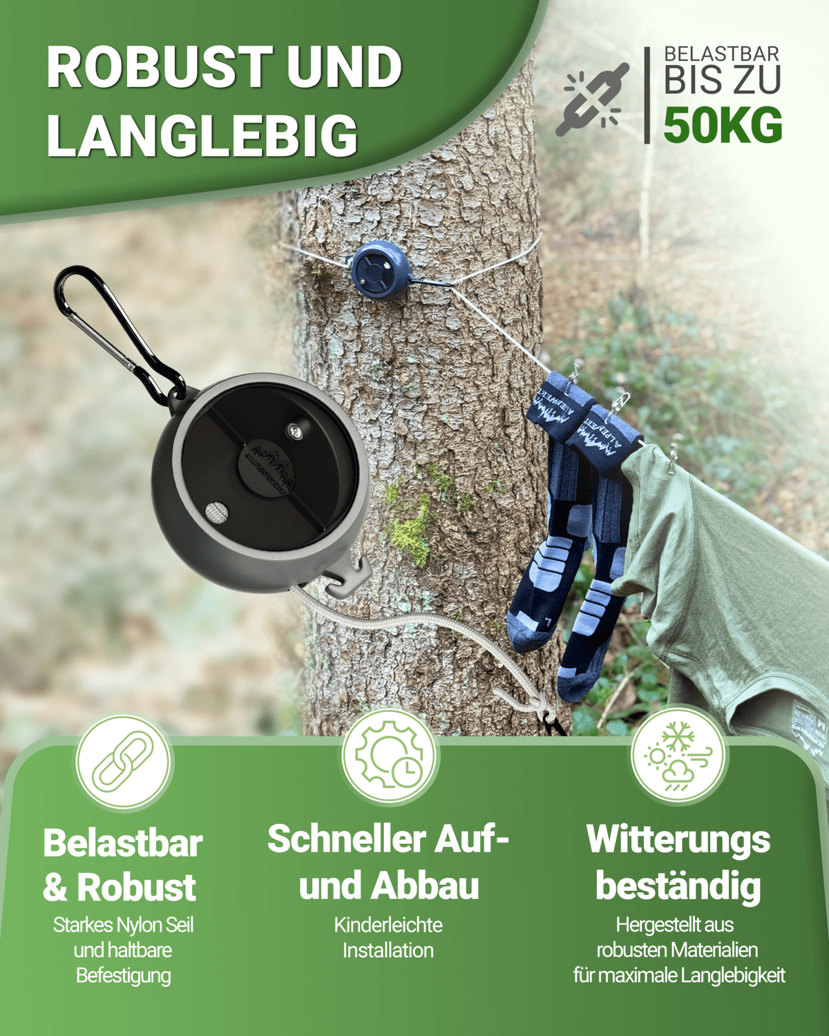 Wäscheleine ausziehbar 10 m – Leicht & kompakt für Camping - ALPENWERT