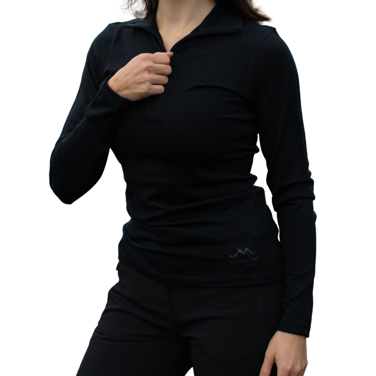Alpenwert Langarmshirt Damen aus 100 Prozent Merinowolle mit Viertelreißverschluss am hohen Kragen