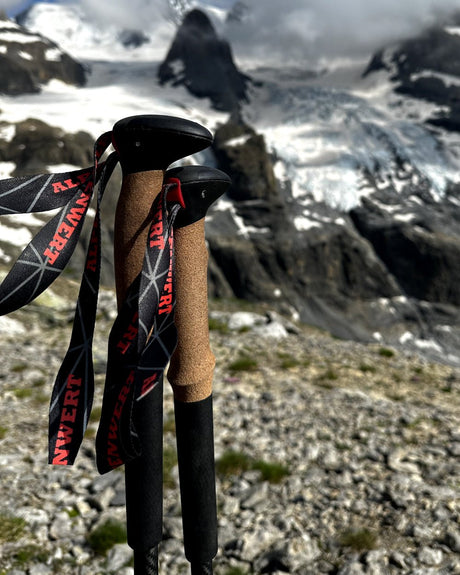 Zwei Alpenwert Teleskop-Wanderstöcke mit Korkgriff stehen im Geröll vor einem Gletscher