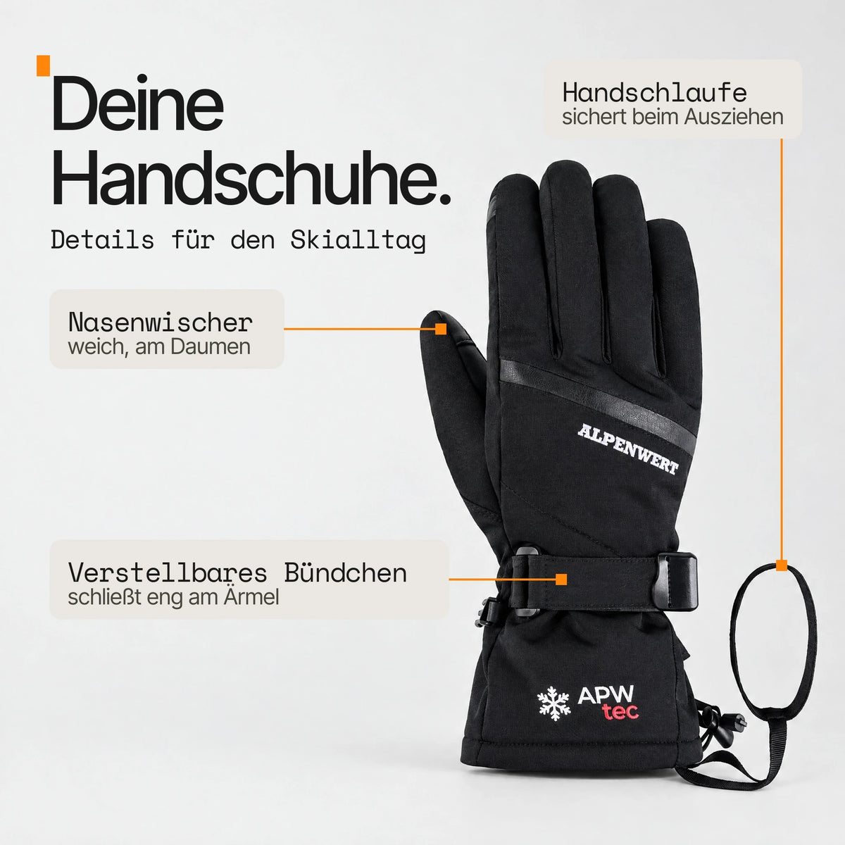 Skihandschuhe – wasserdicht, touchscreenfähig, mit Handschlaufe