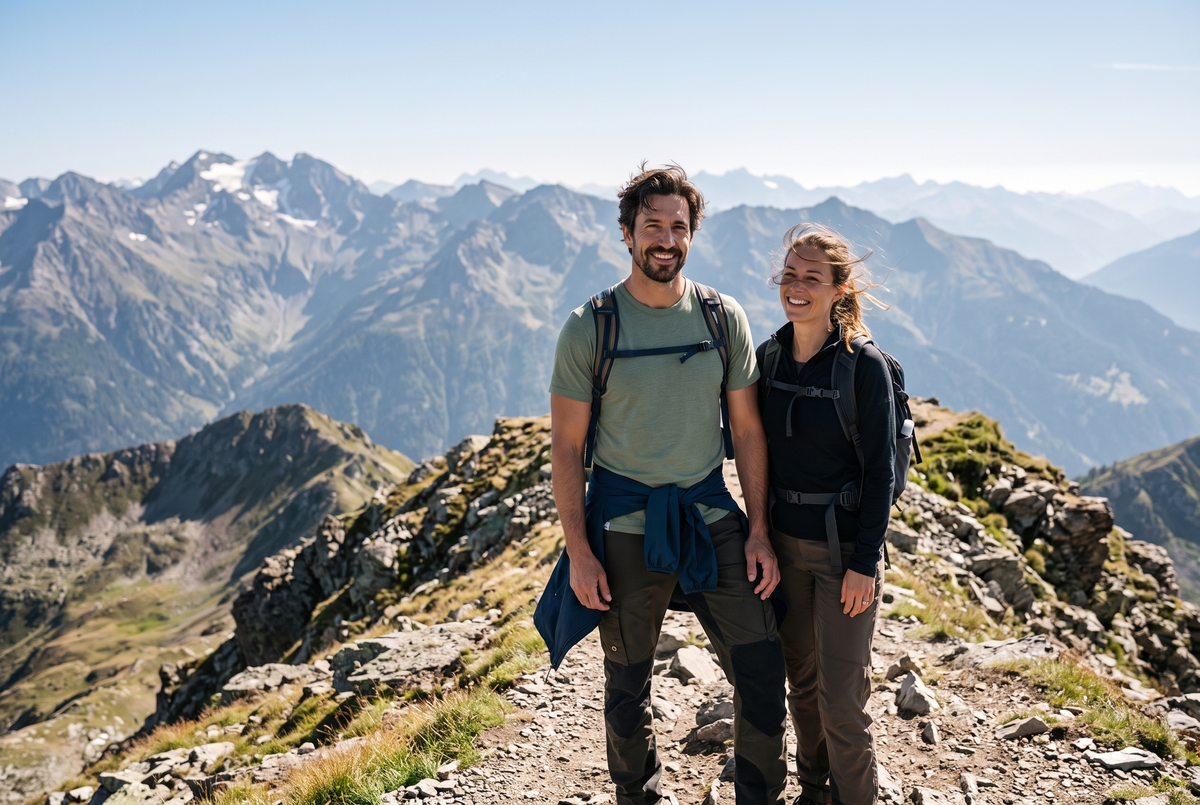 Wanderpaar am Gipfelgrat im Merino Shirt
