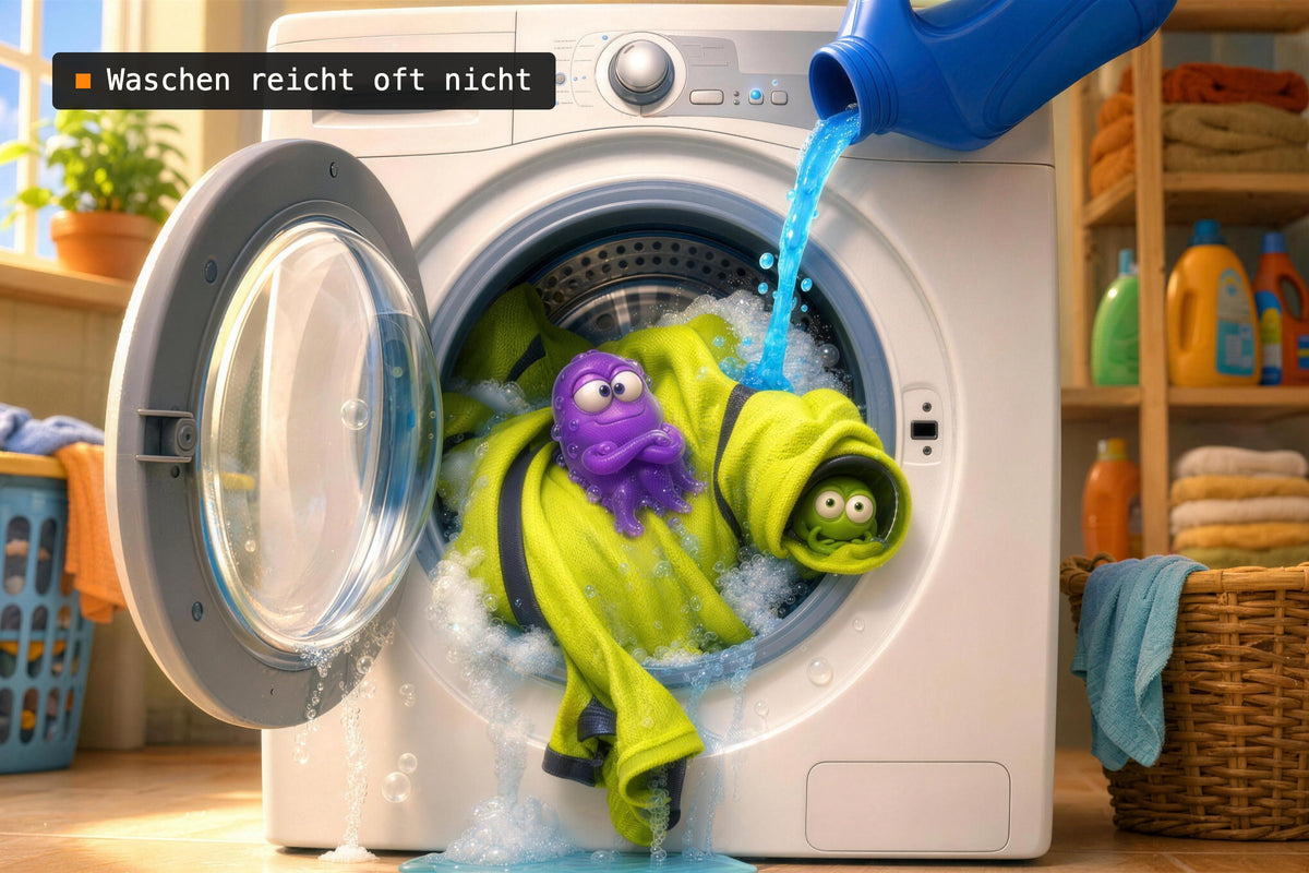 Funktionsshirt in der Waschmaschine, ein Keim hält sich an der Faser fest