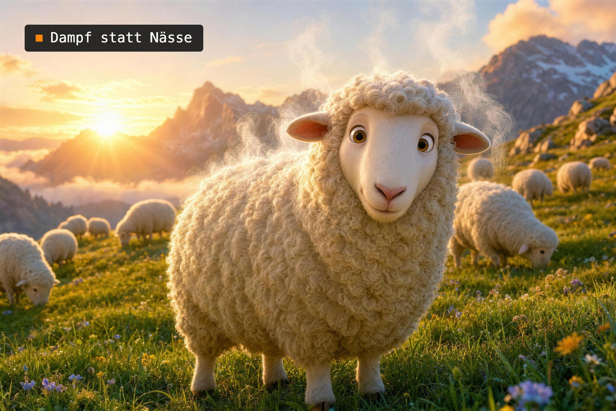 Merinoschaf auf der Alpwiese bei Sonnenaufgang, Dampf steigt aus der Wolle