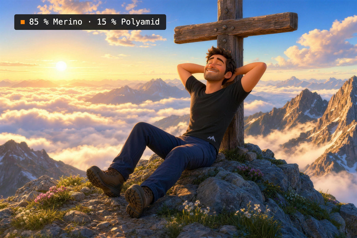 Wanderer im schwarzen Merino Shirt entspannt am Gipfelkreuz
