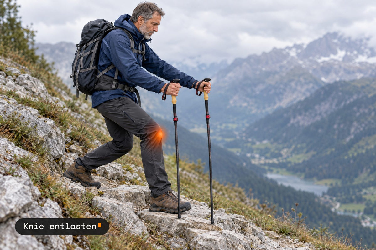 Wanderer steigt mit Stöcken Stufen hinab