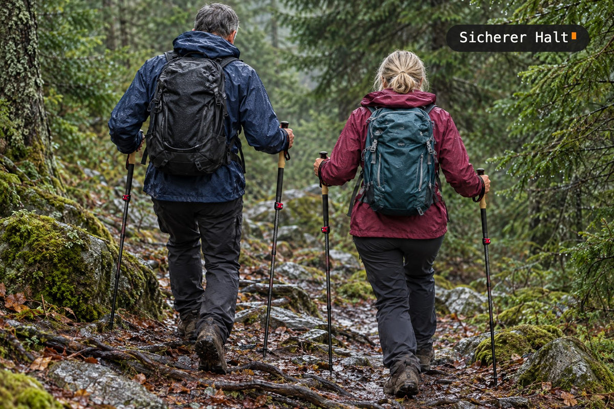 Wanderpaar mit Stöcken auf nassem Wurzelpfad