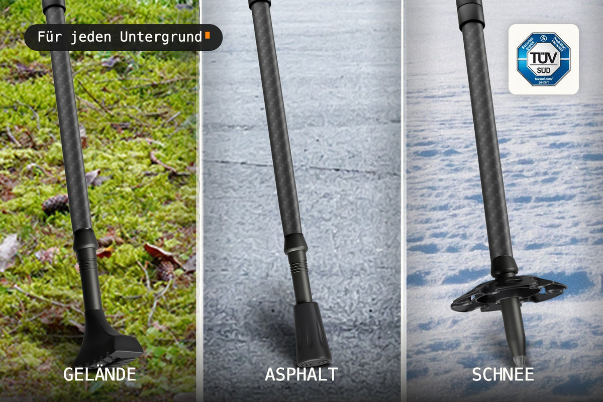 Stockspitzen mit Aufsätzen auf Asphalt und Kies