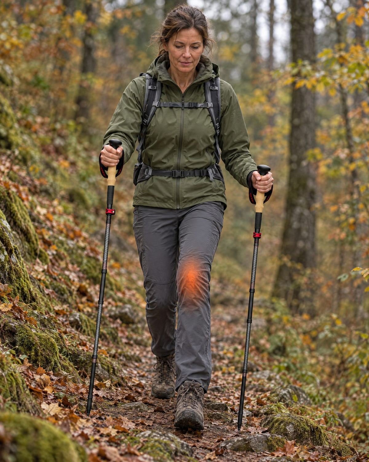 Wanderin geht mit Carbon-Wanderstöcken bergab