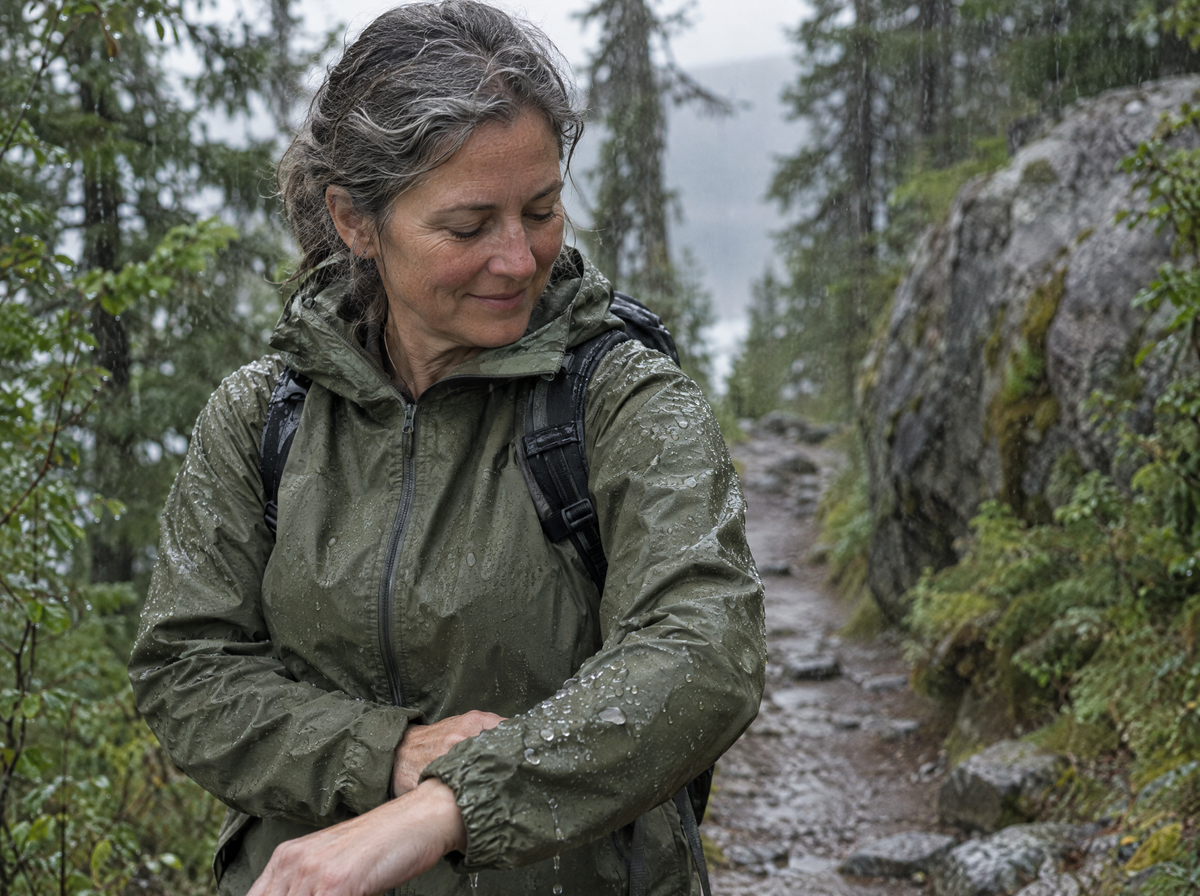 Wanderin im Regen, das Wasser perlt von der gepflegten Regenjacke ab