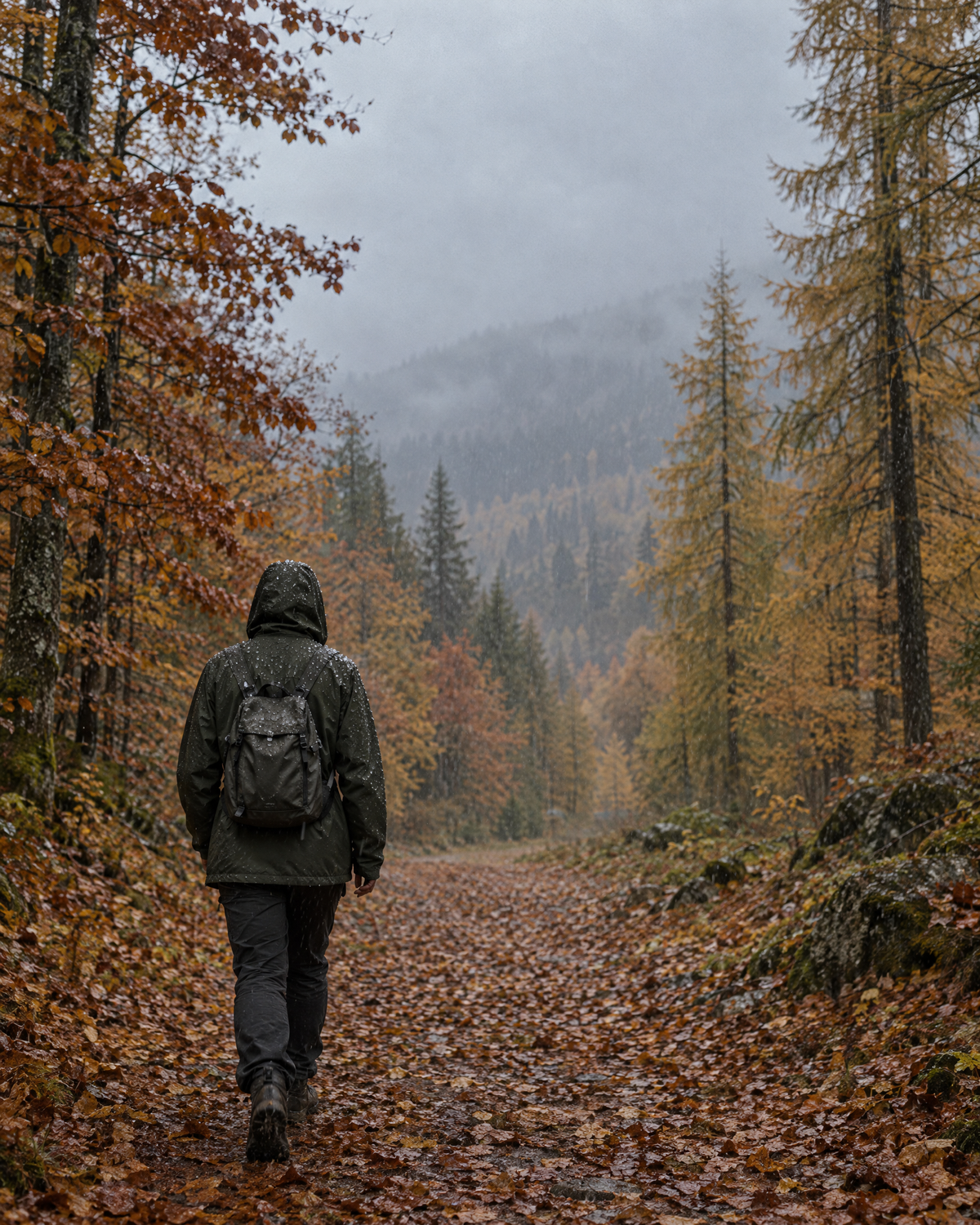 Wanderer im Herbstwald bei Regen, das Wasser perlt von der Regenjacke ab