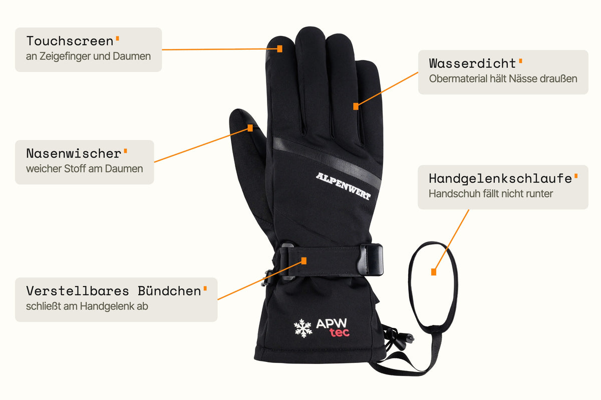 Alpenwert Skihandschuh: Touchscreen, Nasenwischer, Bündchen, wasserdicht, Handgelenkschlaufe