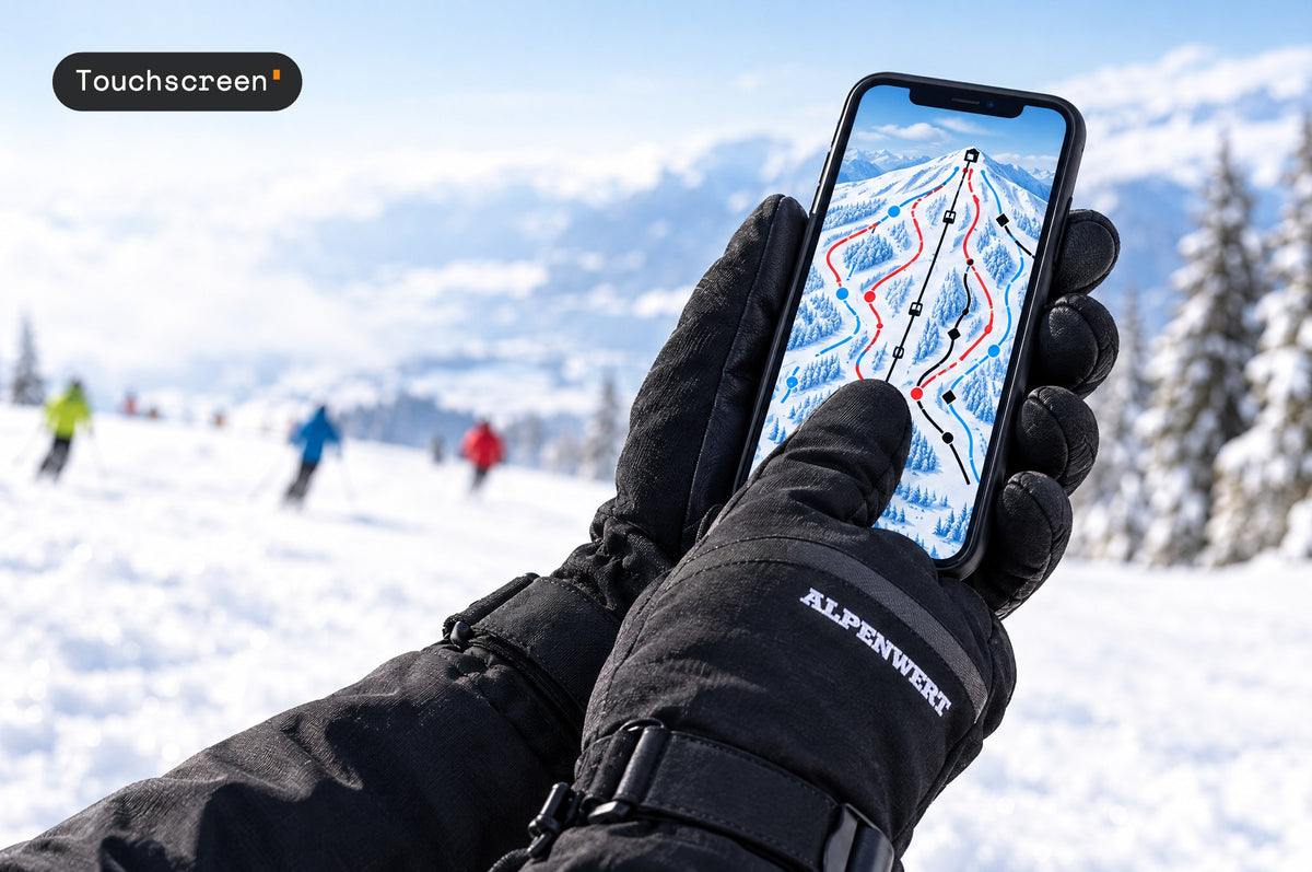 Daumen im Skihandschuh bedient die Pistenkarte am Handy