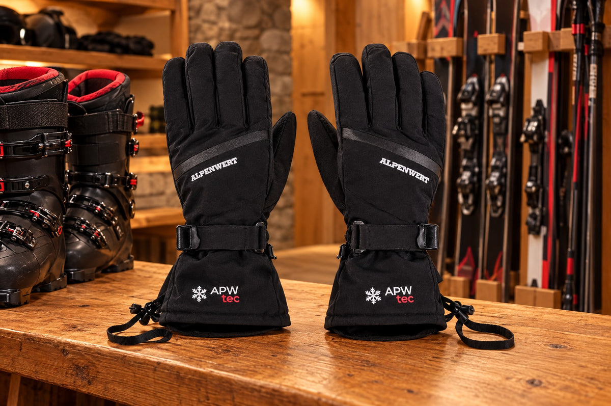 Skihandschuhe trocknen offen auf einer Bank im Skikeller