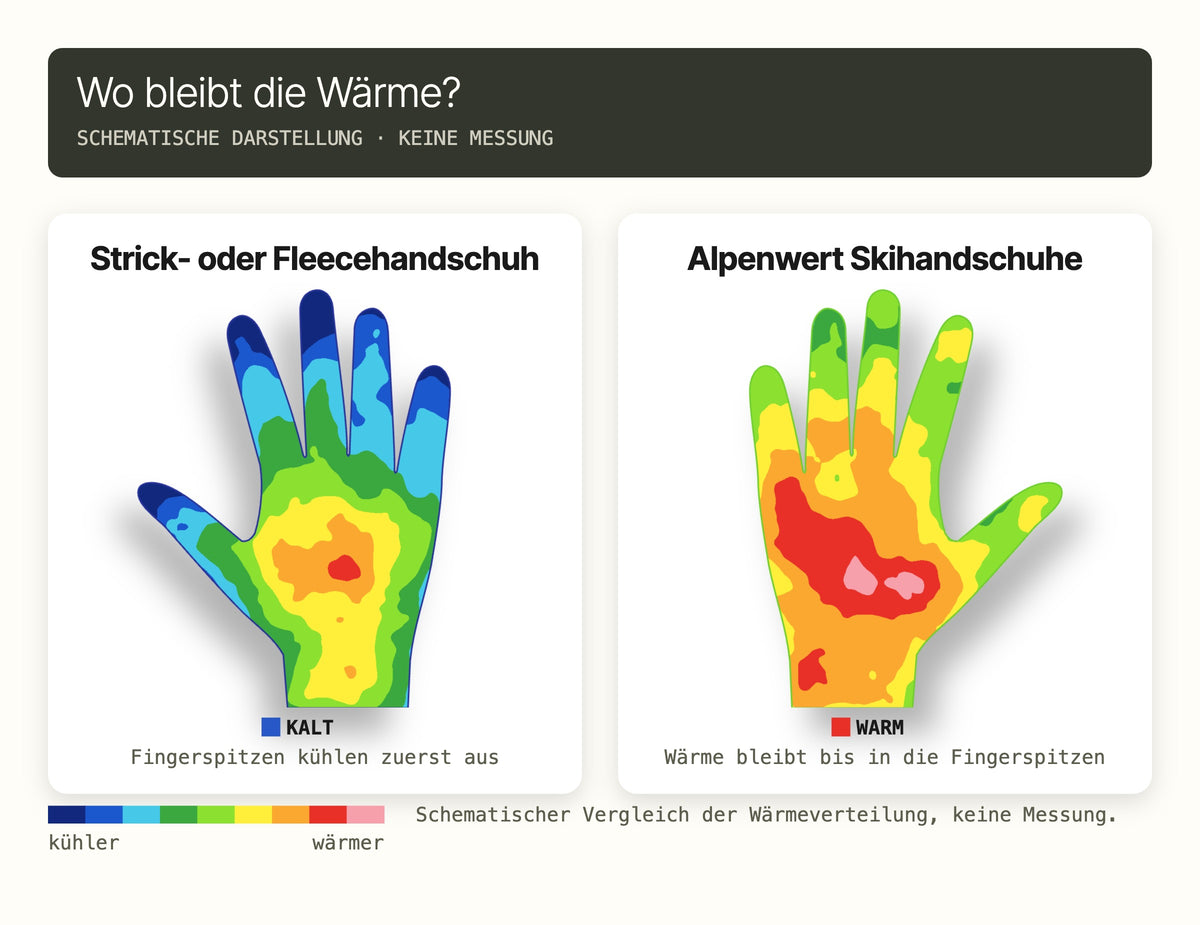 Schematischer Vergleich der Waermeverteilung in der Hand: Strickhandschuh gegenueber Alpenwert Skihandschuh