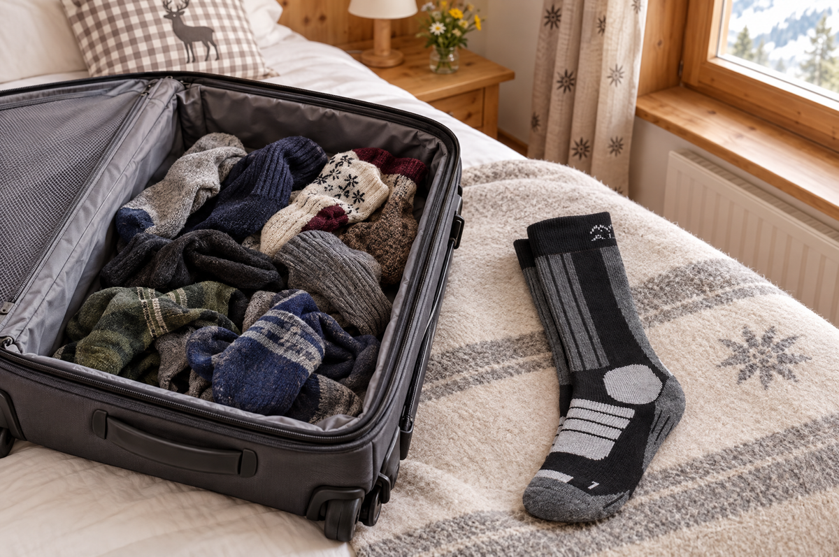 Koffer voller Socken neben einem Paar Alpenwert Skisocken