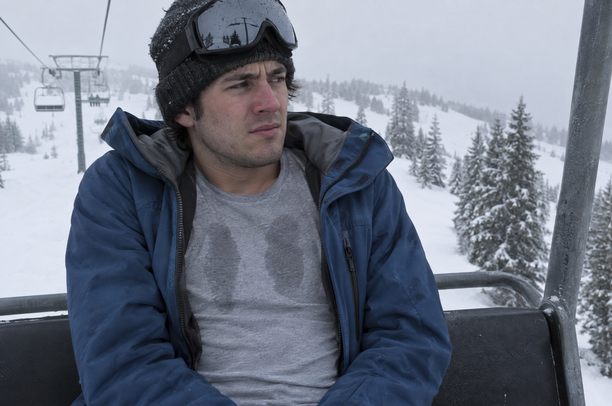 Skifahrer im Sessellift mit verschwitztem Baumwoll-T-Shirt unter der Jacke