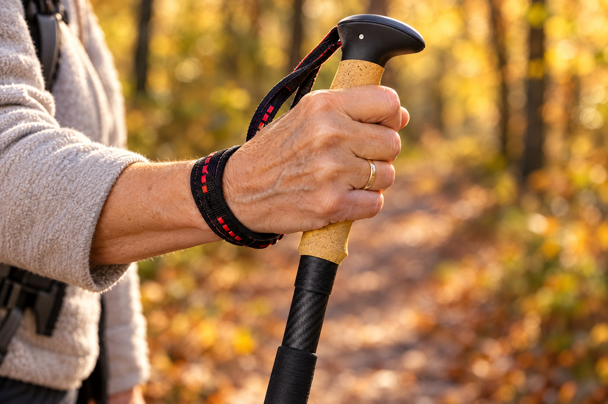 Hand am Korkgriff mit gepolsterter Handschlaufe