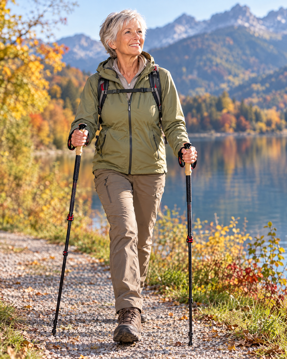 Frau um die 65 wandert mit faltbaren Carbon-Wanderstöcken am See